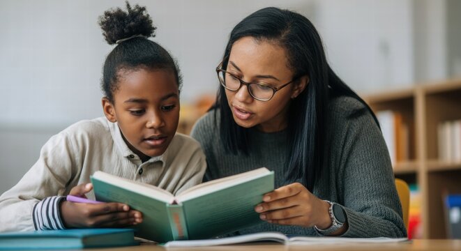 African female adult teaching african female child reading skills in library - Powered by Adobe