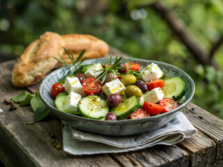 Fresh greek salad with bread served outdoors on rustic wooden table