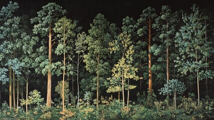 Dark green forest landscape painting tall trees nature art view wall lush woods image photo print