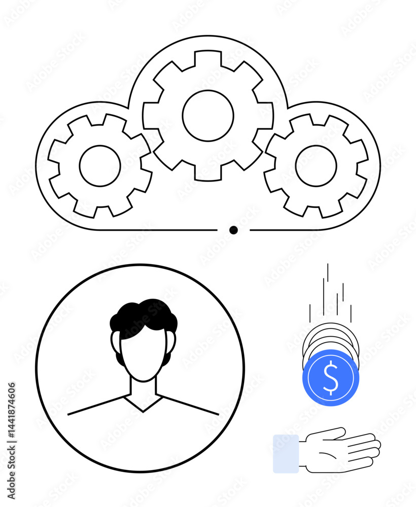Poster cloud with gears, user profile, and coins dropping into a hand symbolizing automation, user-centric 