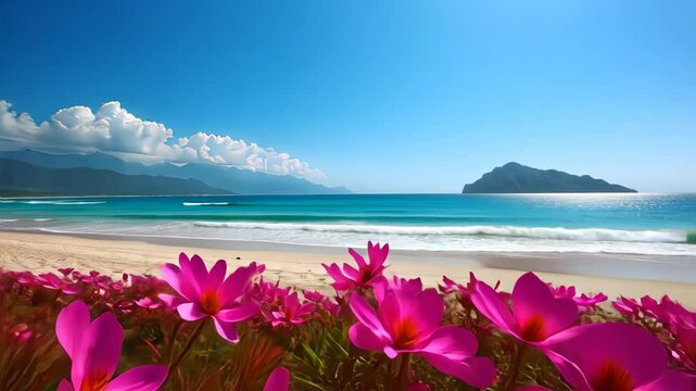 Vibrant pink flowers blooming by the serene beachscape  