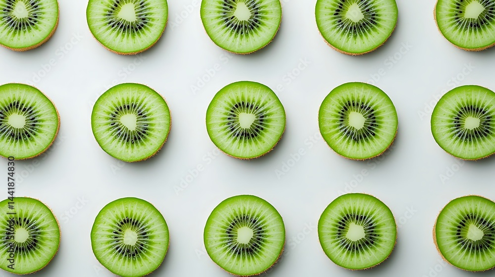 Poster under 200 characters): sliced kiwi fruit arranged in a neat, symmetrical pattern on a light backgrou