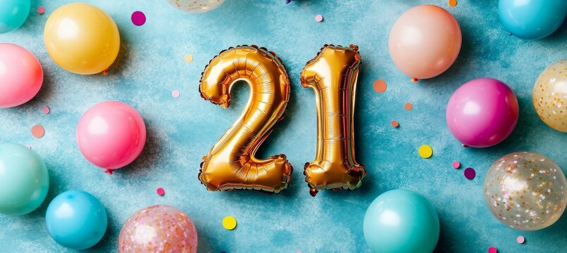 Golden Number 21 Balloon on a Scattered Background of Colors Celebrates Coming of Age