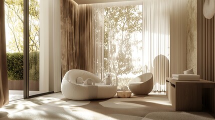 Modern Elegant Interior Design with Plush Seating and Abundant Natural Light in Neutral Tones