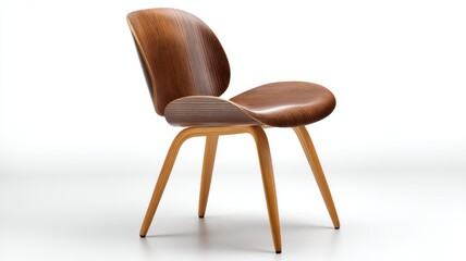 Sleek, modern wooden chair with curved lines and minimalist design, set against a plain white background.