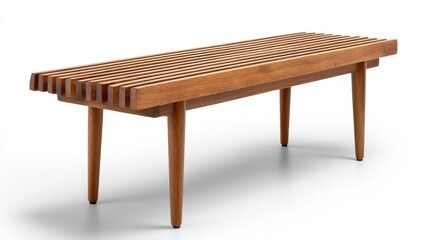 A minimalist wooden slat bench with tapered legs, showcasing mid-century modern design, set against a plain white background.