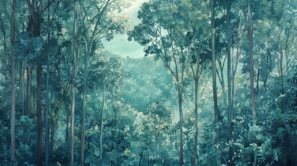 Serene teal forest landscape tranquil nature scene peaceful green trees art sky view calm lush woods
