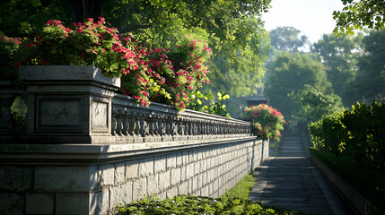 Obraz premium Stone Wall Garden Path With Pink Flowers