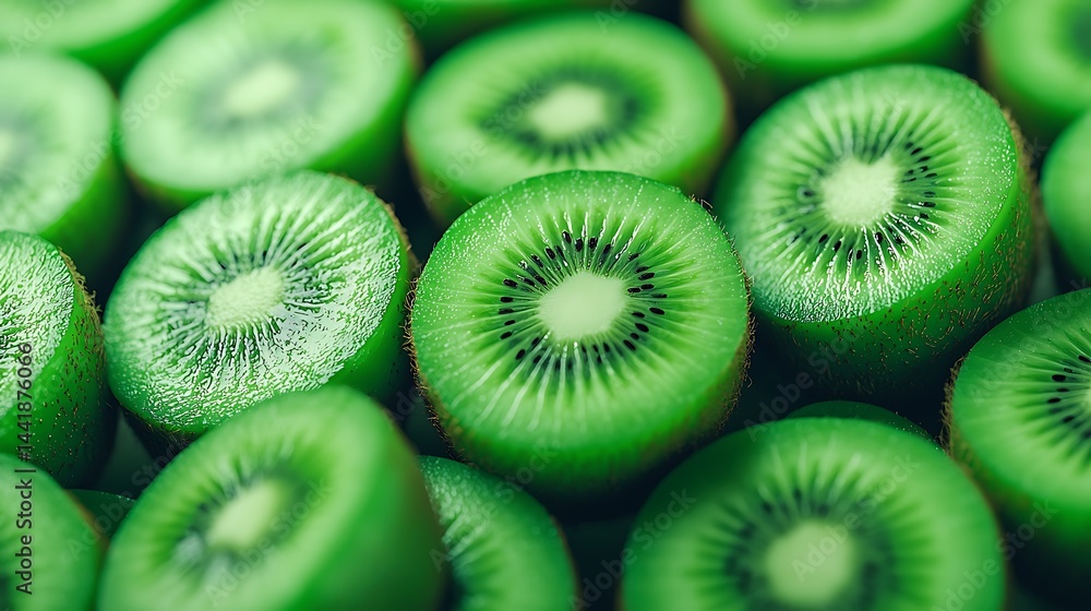 Poster freshly sliced kiwi fruit pieces with vibrant green color and visible seeds, creating a refreshing a