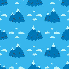 Obraz premium Mountains and Clouds Seamless Pattern. Blue Nature Landscape Background in hand drawn flat style. Repeat vector illustration