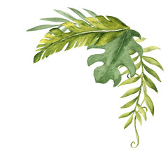 Tropical Leaves Corner Composition. Bouquet from Eucalyptus, Monstera and Banana Palm with Liana. Watercolor Hand drawn botanical illustration isolated on white background. For cards, invitations.
