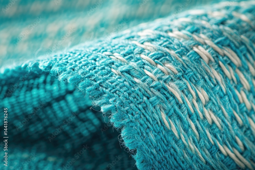 Aufkleber close-up of teal fabric with textured weave, showing intricate details of yarn and fibers.