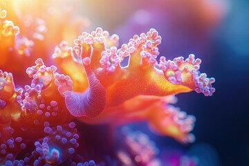 Naklejka premium Vibrant coral polyps in warm ocean light, showcasing intricate textures and colors.
