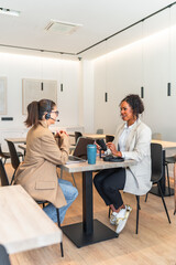 Podcasters recording a new episode in modern studio