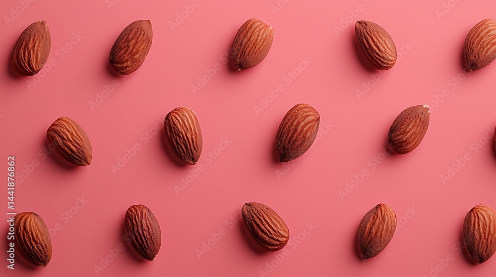 Poster whole almonds are arranged in a neat, diagonal pattern on a solid pink background.