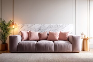 Modern living room featuring a blush pink sofa.