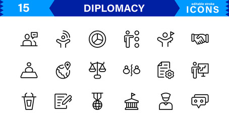 Professional Diplomacy Icon Set Vector Illustration. Most Useful Icons for International Relations, Government, and Peace Negotiations