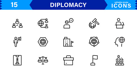 Professional Diplomacy Icon Set Vector Illustration. Most Useful Icons for International Relations, Government, and Peace Negotiations