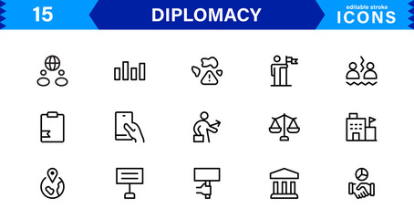 Professional Diplomacy Icon Set Vector Illustration. Most Useful Icons for International Relations, Government, and Peace Negotiations