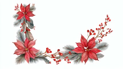 Watercolor Poinsettia Corner Arrangement with Berries and Pine on White Background