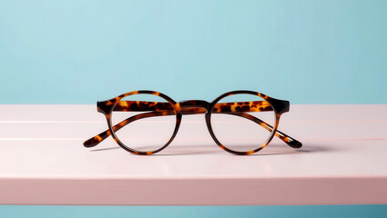 Stylish round glasses on a pastel background.