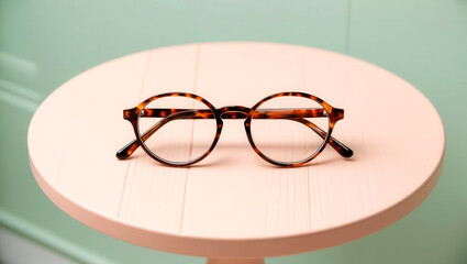 Glasses resting on a round table with a pastel background.