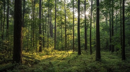 Naklejka premium Serene sunlight through lush green forest trees nature day park wild view woods plant stems flora