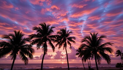 Obraz premium Vibrant sunset over palm trees by the ocean.