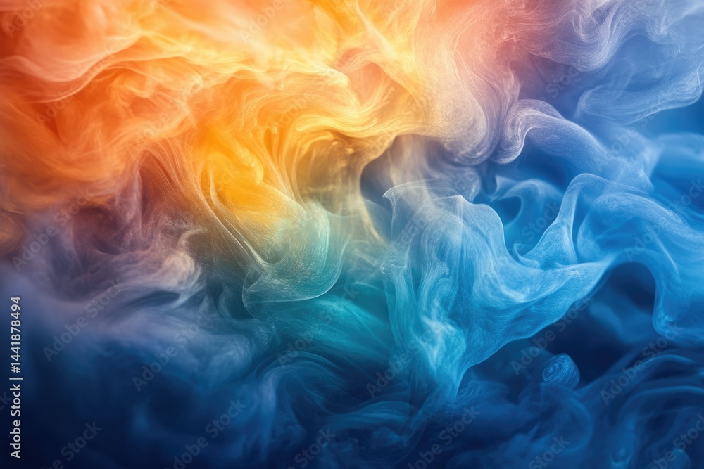 Poster abstract swirling blend of vibrant orange and teal colors creating a mesmerizing, ethereal smoke eff