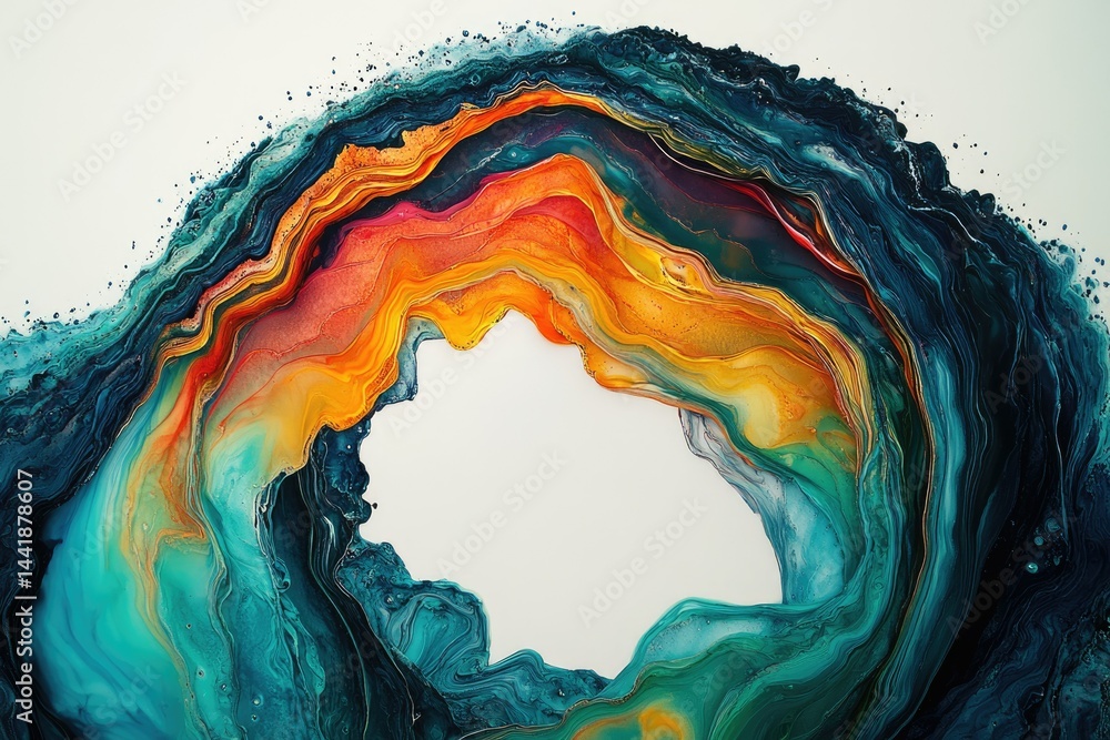 Poster abstract fluid art painting with vibrant teal, orange, and yellow hues creating a mesmerizing wave-l