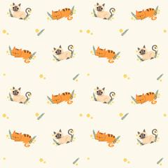 Seamless Pattern Hand drawn Cute Cat with flower background