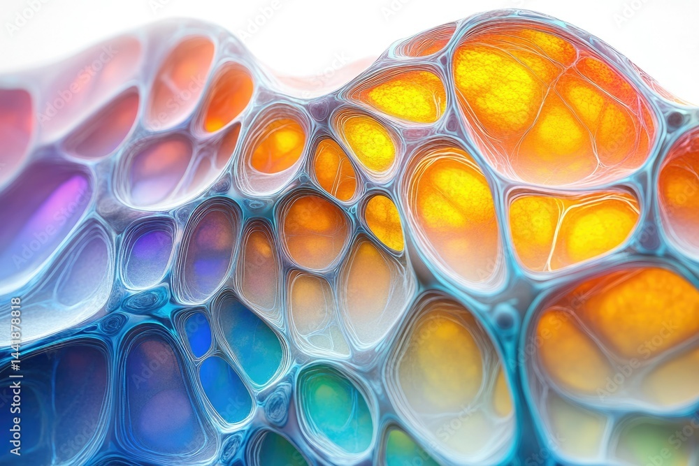 Poster Abstract image depicting a vibrant, interconnected network of colorful, organic, bubble-like structures.