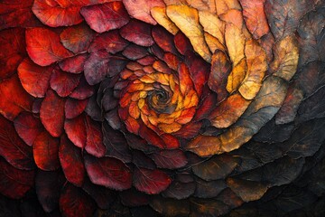 Obraz premium Autumn leaves arranged in a mesmerizing spiral, showcasing rich, warm colors and intricate details.