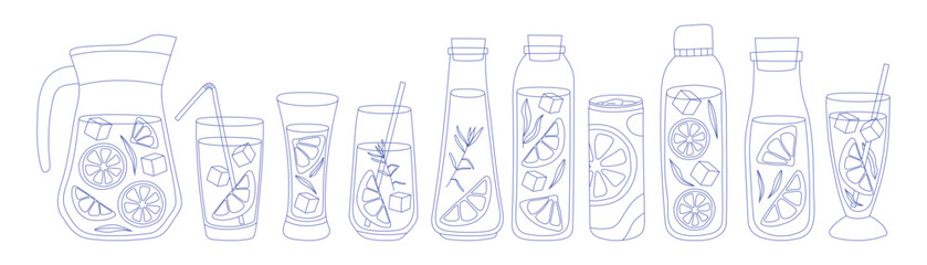 Bright lemonade juice in different glasses and pitcher. Set of refreshing drinks with ice and straw in glass cups. Summer cold drinks, hand drawn yellow lemons slices and leaves