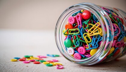 Fototapeta premium Colorful stationery items in a glass jar on a surface.