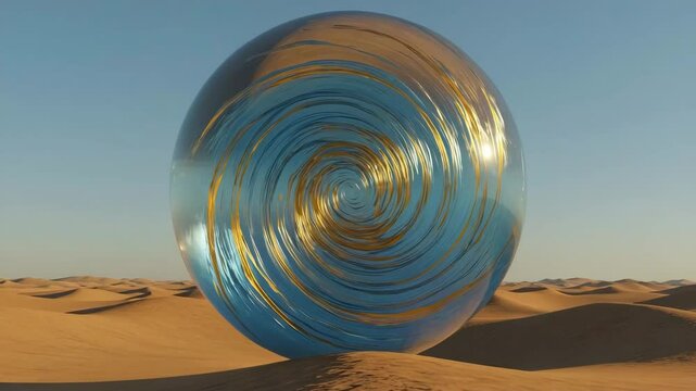 Abstract sphere with swirling blue and gold patterns in a vast desert landscape