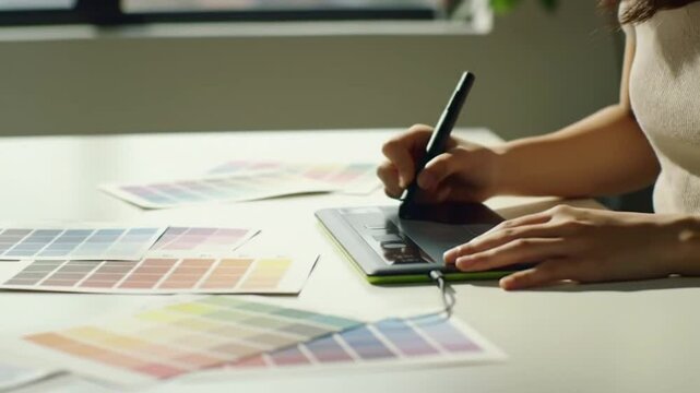 Creative Designer Using Digital Drawing Tablet with Stylus Pen and Color Swatches for Graphic Design Work &ndash; Close-up of Hands at Work Desk