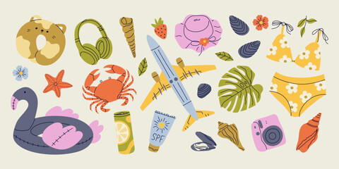 Cute Summer Stickers Set for daily planner. Collection of scrapbooking elements for beach party. Tropical vacation.