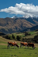 Obraz premium Cows grazing on lush green pasture under blue sky with mountains in background, peaceful rural landscape, livestock farming, nature, serene countryside scene.