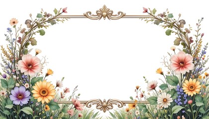 Obraz premium Floral Frame Border with Colorful Wildflowers and Decorative Gold Accents