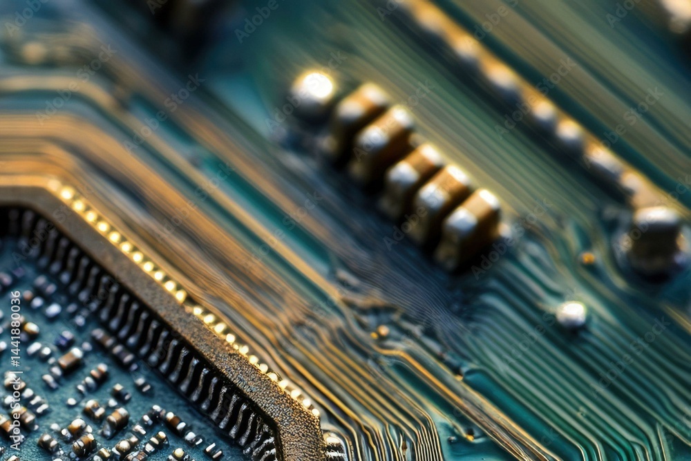 Aufkleber close-up of intricate circuitry on a printed circuit board, showcasing technological detail.
