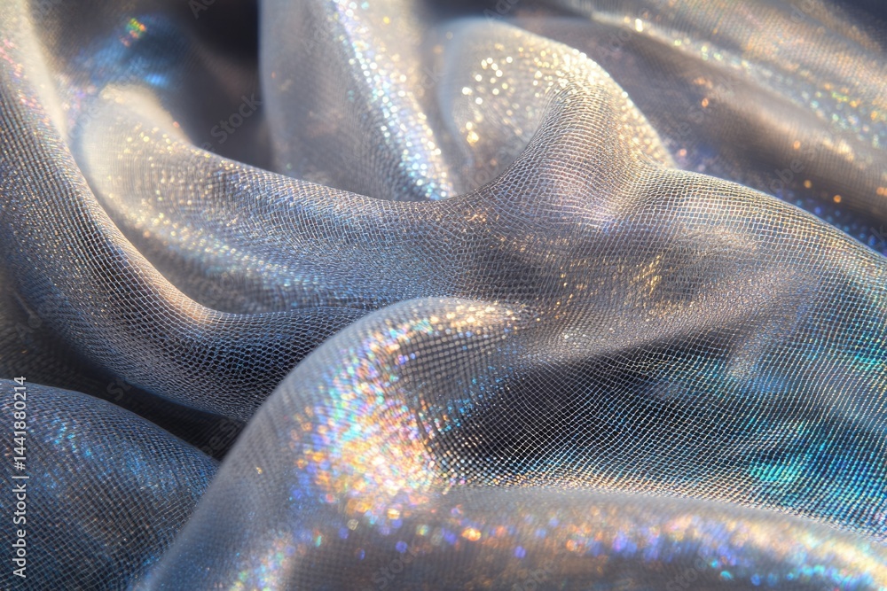 Poster close-up of iridescent, shimmering fabric with a textured, net-like pattern, exhibiting a luxurious 