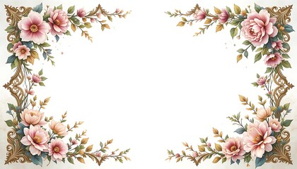Fototapeta premium Floral Frame with Pink Flowers and Gold Ornaments for Greeting Cards