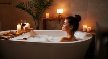 Woman in serene bubble bath surrounded by candles for relaxation and self-care