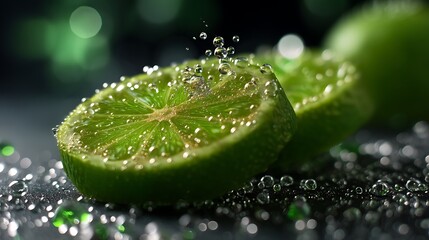 Refreshing lime close-up with juicy citrus slice and water droplets macro fruit photography vibrant green environment