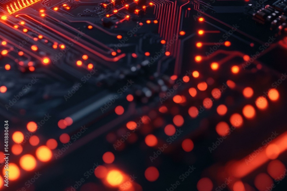 Poster Close-up of a circuit board with glowing red lights, showcasing intricate electronic pathways and components.