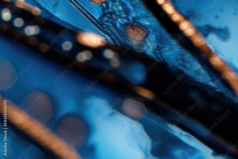 Poster abstract close-up showcasing intricate blue textures and bokeh, resembling a vibrant, detailed macro