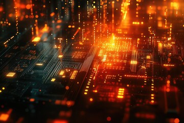 Obraz premium Abstract glowing circuit board, futuristic technology, digital network, orange and black hues.