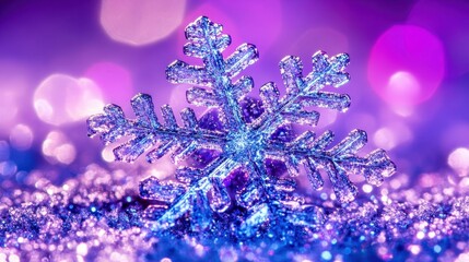 Fototapeta premium Intricate snowflake detailed against a purple bokeh background.
