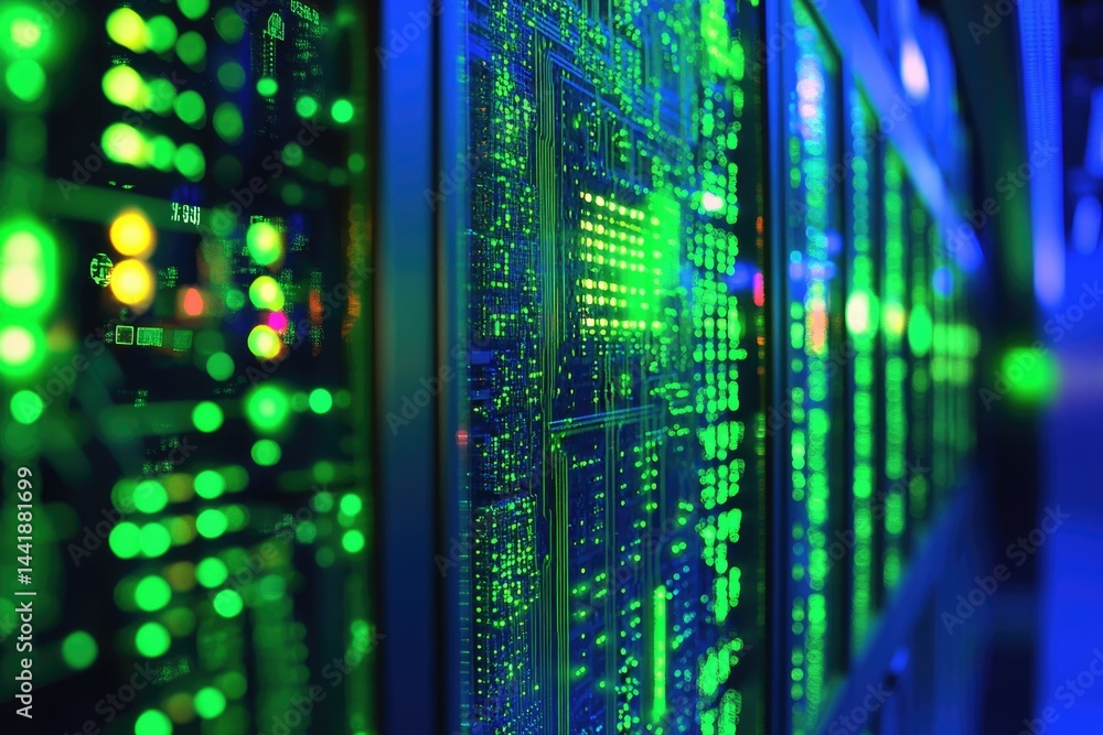 Fototapete glowing green server racks in a data center, showcasing intricate hardware and complex technology.